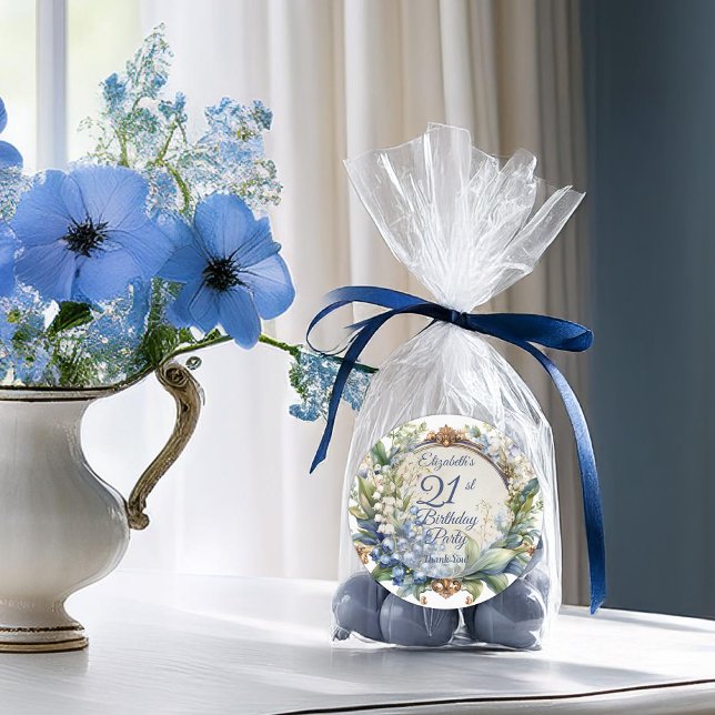 Pegatina Redonda Elegante marco barroco floral 21 cumpleaños Fiesta (Elegant Baroque Floral Frame 21st Birthday Party Thank You Favor Classic Round Sticker)