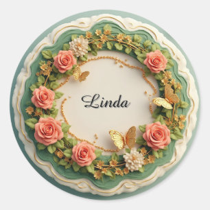Pegatina Redonda Elegante marco floral verde con rosas rosadas