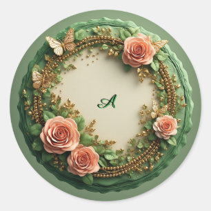 Pegatina Redonda Elegante marco floral verde con rosas rosadas