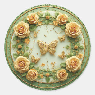 Pegatina Redonda Elegante marco floral verde con rosas rosadas