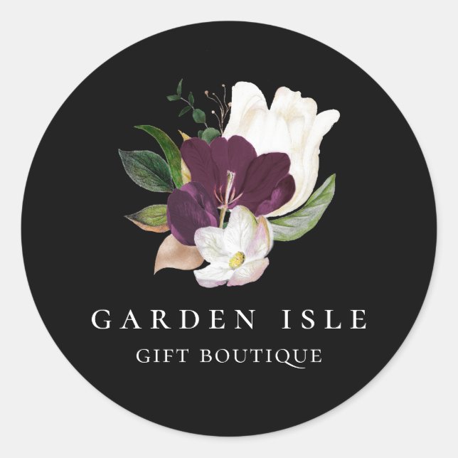 Pegatina Redonda Elegante Marfil Purple Floral Bouquet Negro (Anverso)