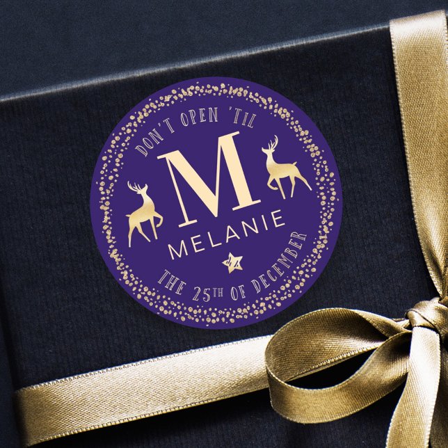 Pegatina Redonda Elegante Marina y Oro No Abre Navidades De Pie (Elegant Navy & Gold l Do Not Open Til Christmas Classic Round Sticker)