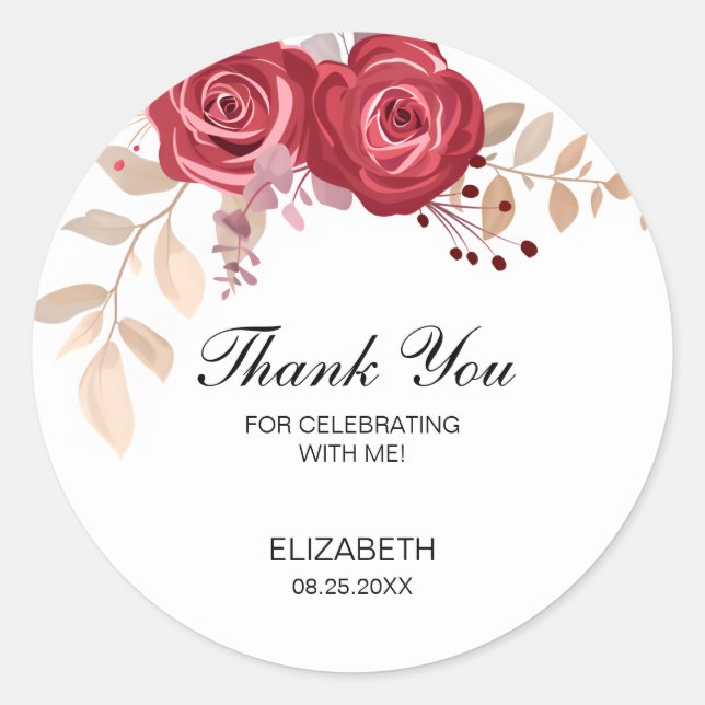 Pegatina Redonda Elegante Maroon Rosa Floral Verdor Cumpleaños (Anverso)