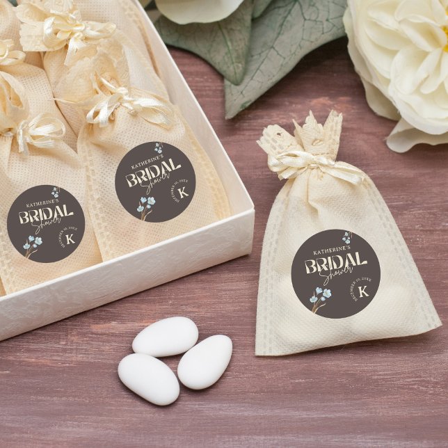 Pegatina Redonda Elegante marrón azul acuarela Floral Bridal Shower (Subido por el creador)