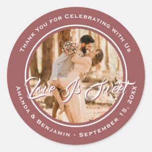 Pegatina Redonda Elegante Marsala Love Is Sweet Boda Photo