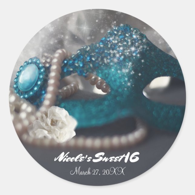 Pegatina Redonda Elegante Mascarada Máscara y Perlas Favor de la Fi (Anverso)