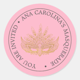 Pegatina Redonda Elegante Mascarada Purpurina Oro Rosa