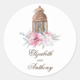 Pegatina Redonda Elegante matrimonio de linterna floral rosa