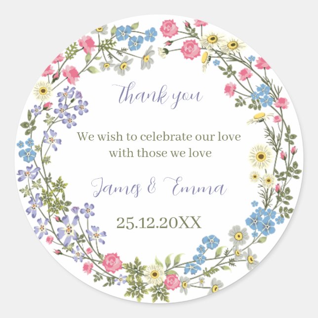 Pegatina Redonda Elegante matrimonio floral personalizado (Anverso)