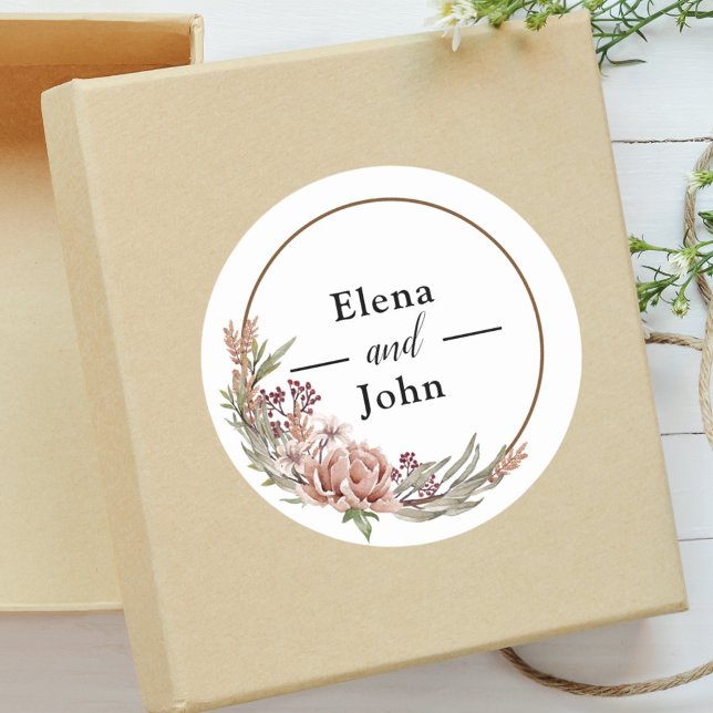 Pegatina Redonda Elegante matrimonio floral Wreath personalizado (Subido por el creador)