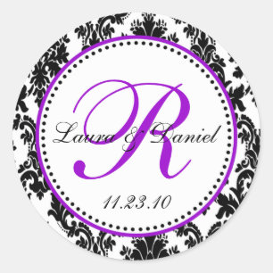 Pegatina Redonda Elegante matrimonio negro blanco morado Damasco