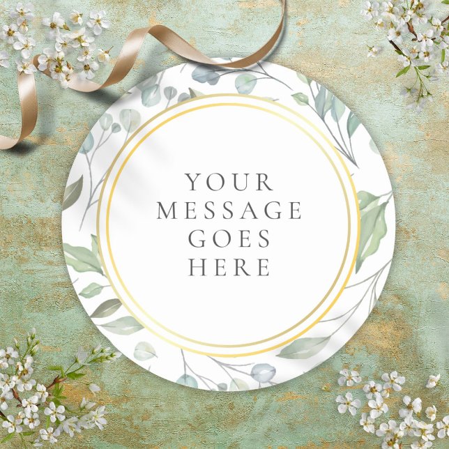 Pegatina Redonda Elegante mensaje de Relieve metalizado dorado Laur (Elegant Laurel Garland Faux Gold Foil Message Classic Round Sticker)
