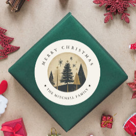 Pegatina Redonda Elegante Merry Christmas Warm Gold Pine Forest
