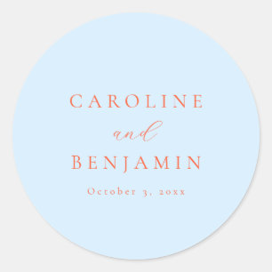 Pegatina Redonda Elegante Minimalista Boda Caligrafía Azul Naranja