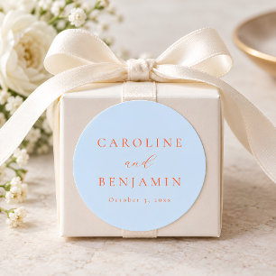 Pegatina Redonda Elegante Minimalista Boda Caligrafía Azul Naranja