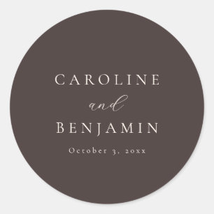 Pegatina Redonda Elegante Minimalista Bodas de Caligrafía en Marrón