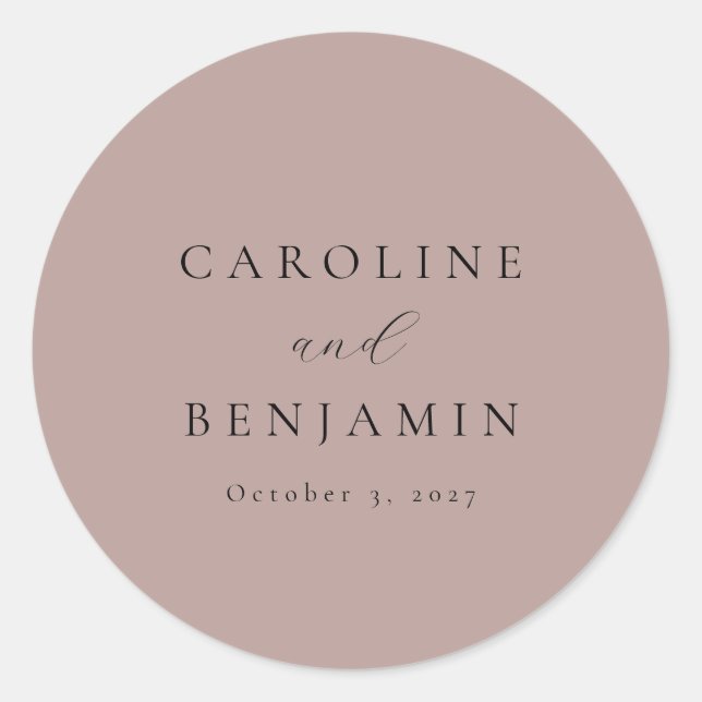 Pegatina Redonda Elegante Minimalista Dusty Mauve Calligraphy Boda (Anverso)