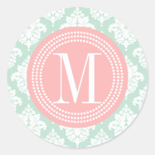 Pegatina Redonda Elegante Mint Damask Personalizado