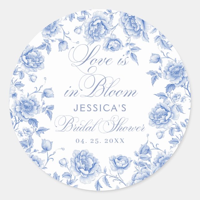 Pegatina Redonda Elegante Moda Blue Toile Chinoiserie Bridal Shower (Anverso)