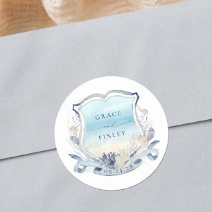 Pegatina Redonda Elegante Moda costera Escudo de bodas de playa