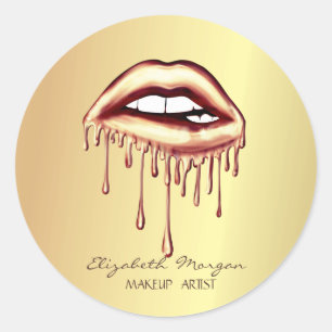 Pegatina Redonda Elegante Moder Girly, Metallic Dripping Lips Gold