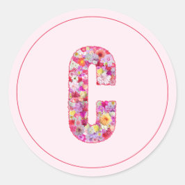 Pegatina Redonda Elegante Moderna Letra C Floral Monograma Rosa