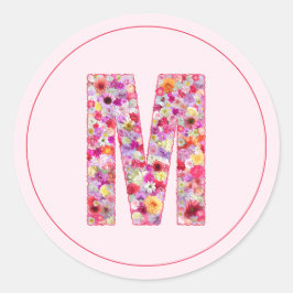 Pegatina Redonda Elegante Moderna Letra M De Monograma Floral Rosa