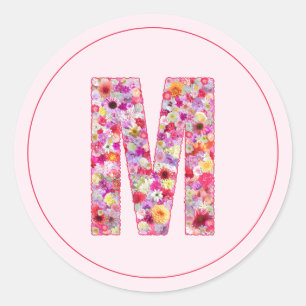 Pegatina Redonda Elegante Moderna Letra M De Monograma Floral Rosa