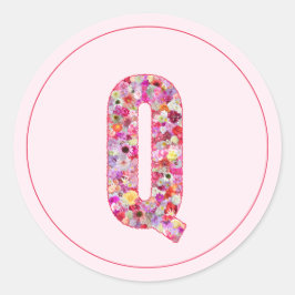 Pegatina Redonda Elegante Moderna Letra Q De Monograma Floral Rosa