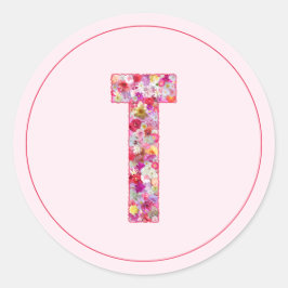 Pegatina Redonda Elegante Moderna Letra T Floral Monograma Rosa