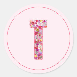 Pegatina Redonda Elegante Moderna Letra T Floral Monograma Rosa