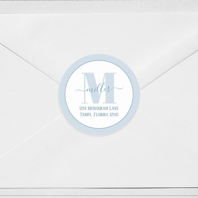Pegatina Redonda Elegante Monograma Azul Dirección de devolución si (Subido por el creador)