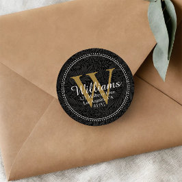 Pegatina Redonda Elegante Monograma Black Gold Floral Return Addres