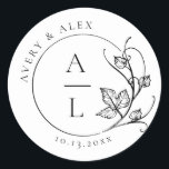 Pegatina Redonda Elegante Monograma Boda blanco negro<br><div class="desc">Elegante Monograma Boda blanco negro Pegatina redondo clásico. Este elegante y clásico pegatina redondo, decorado con un mínimo de escudos de boda monograma adornado con delicadas hojas de vino, refleja la sofisticación atemporal. La sencillez de la decoración es perfecta para una decoración o una papelería boda. Su encanto atemporal y...</div>