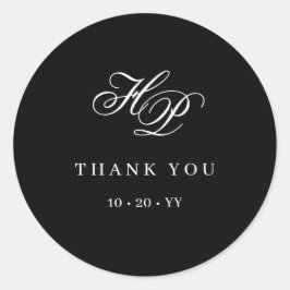 Pegatina Redonda Elegante Monograma Boda inicial blanco y negro