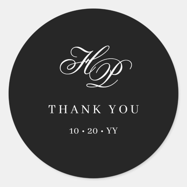 Pegatina Redonda Elegante Monograma Boda inicial blanco y negro (Anverso)