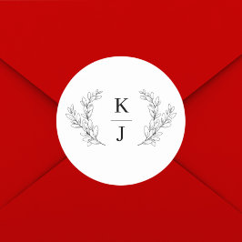 Pegatina Redonda Elegante Monograma Boda inicial de hoja botánica