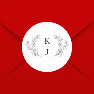 Pegatina Redonda Elegante Monograma Boda inicial de hoja botánica