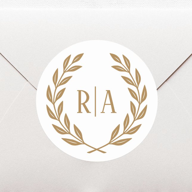 Pegatina Redonda Elegante Monograma Boda Wreath Gold White (Subido por el creador)