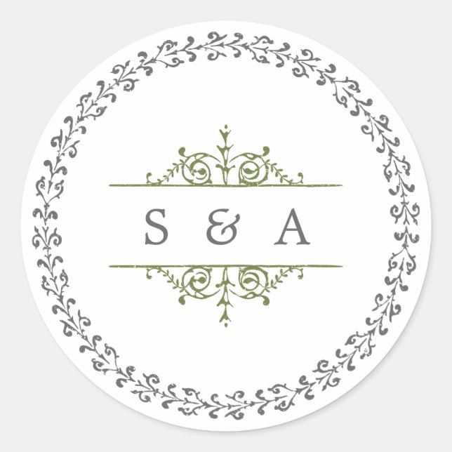 Pegatina Redonda Elegante monograma clásico de bodas vintage (Anverso)