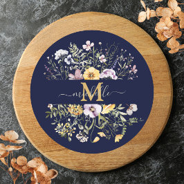 Pegatina Redonda Elegante Monograma Colorido de Flor Silvestre Jard