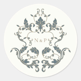 Pegatina Redonda Elegante Monograma de Boda Ornamentado