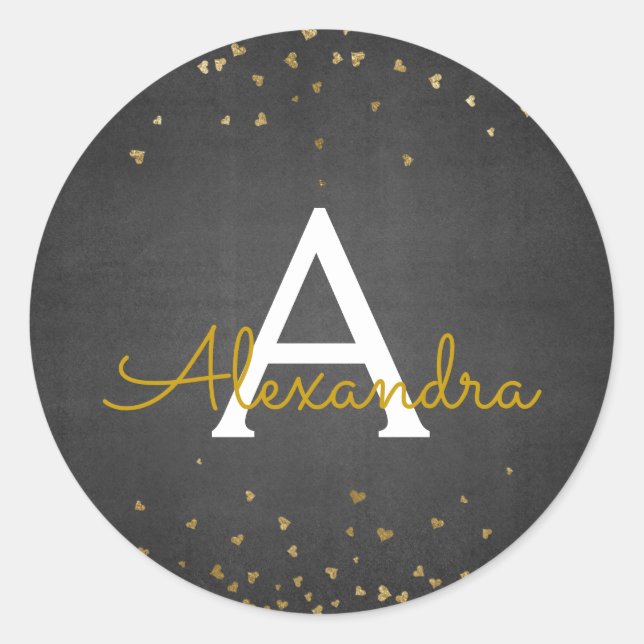 Pegatina Redonda Elegante Monograma de Confetti Negro y Relieve met (Anverso)