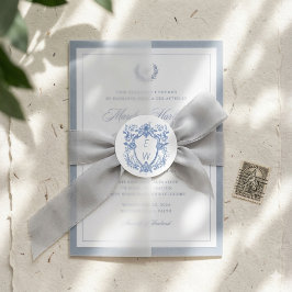 Pegatina Redonda Elegante Monograma de Cresta Azul para Boda