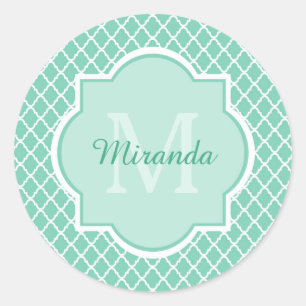 Pegatina Redonda Elegante Monograma De Cuatrefoil Verde De Mint Con