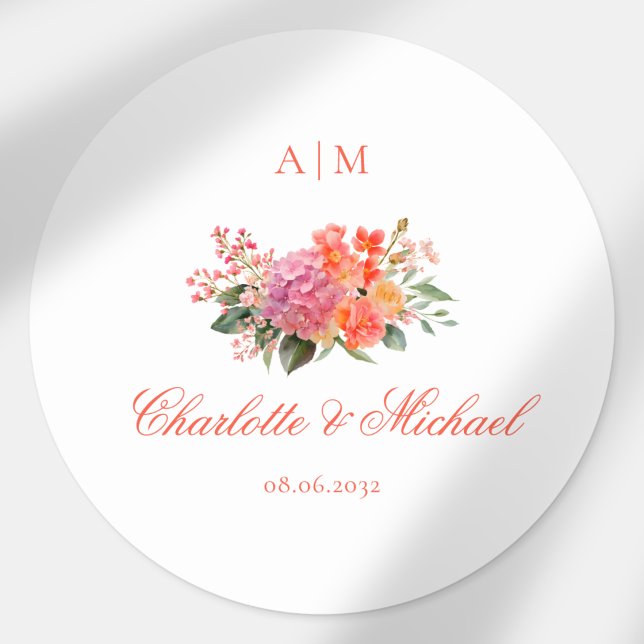Pegatina Redonda  Elegante Monograma de Floral Script Bodas (Elegant Floral Monogram Script Wedding Classic Round Sticker)
