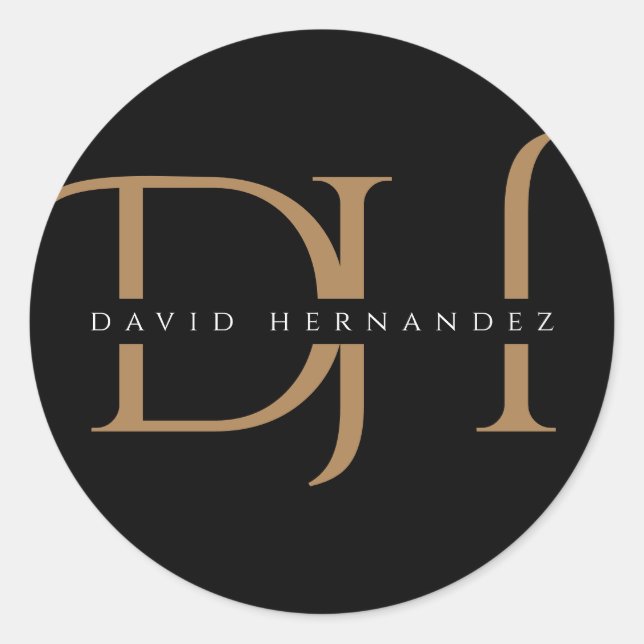 Pegatina Redonda Elegante Monograma de Oro Negro Iniciales Personal (Anverso)