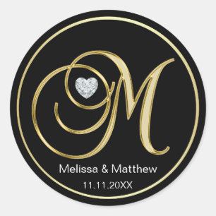 Pegatina Redonda Elegante Monograma de oro negro M Diamante del cor