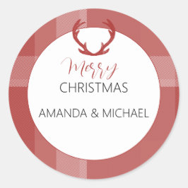 Pegatina Redonda Elegante Monograma de Tartán Borgoña