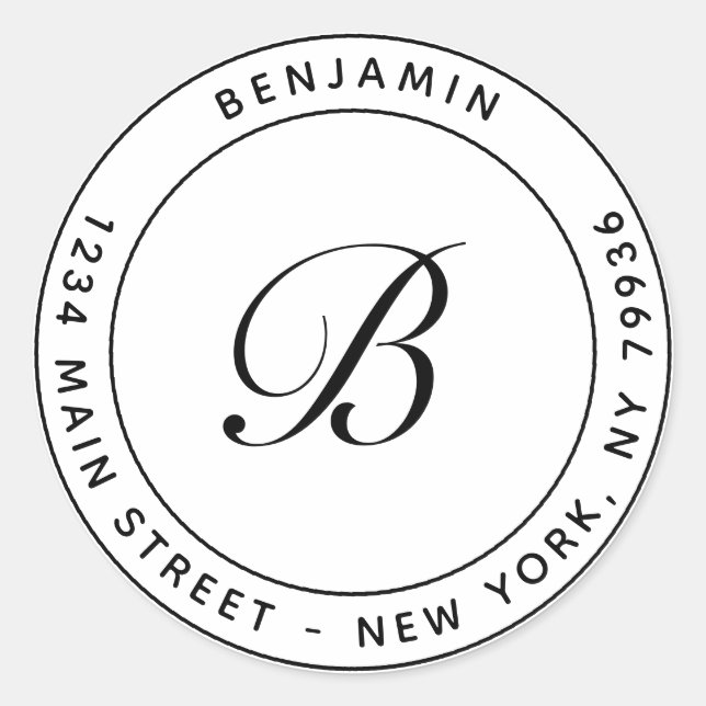 Pegatina Redonda Elegante Monograma Dirección circular de retorno b (Anverso)
